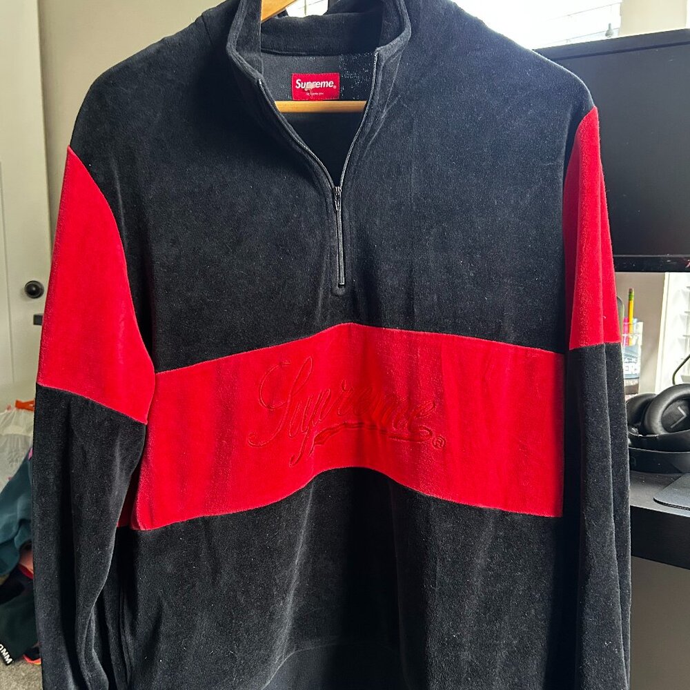 Supreme Velour Half Zip Khaki SZ Large Black & Red